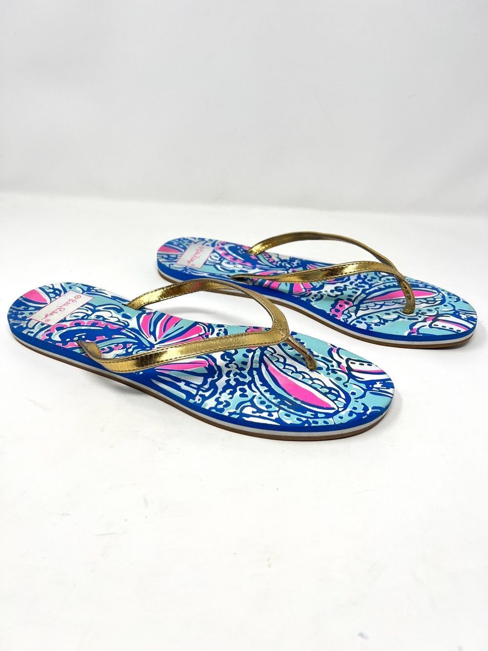 Lilly Pulitzer Coastal Blue Pink Print Gold Metallic Strap Flip Flops 9.5